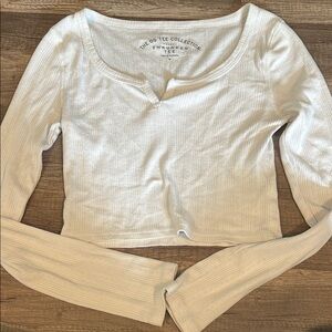 Cream Long Sleeve Fitted Crop Blouse